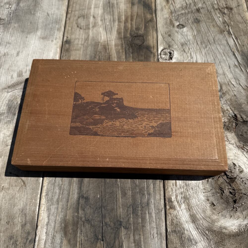 Vintage Cypress Point Monterey California Tree Wood Etched Box Storage